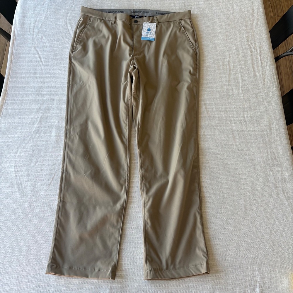 Lands' End Mens Performance Trousers Khaki Tan Moisture Wicking 40 Traditional - Picture 2 of 11